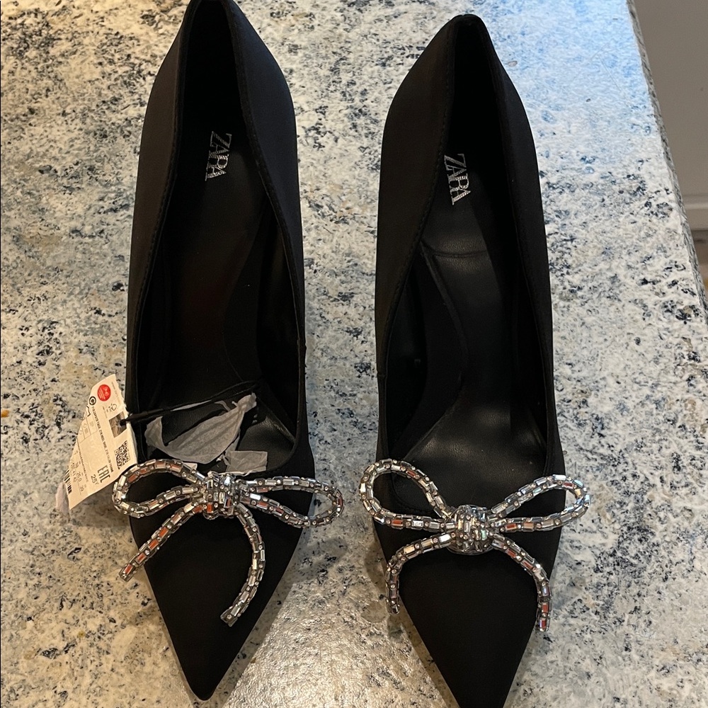Zara NWT Elegant Black Heels with Sparkling Bow